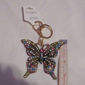 NWT Butterfly Keychain Rhinestones Goldtone